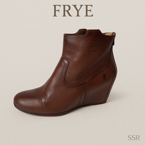 Frye Carson Wedge Ankle Bootie Brown Leather Women’s Size 9.5M | Classic Pull-On - Picture 1 of 10